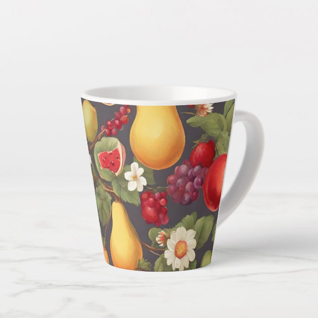 Tasse Latte Fruits variés, Feuilles luxuriants et fleurs merve (Angle droit)