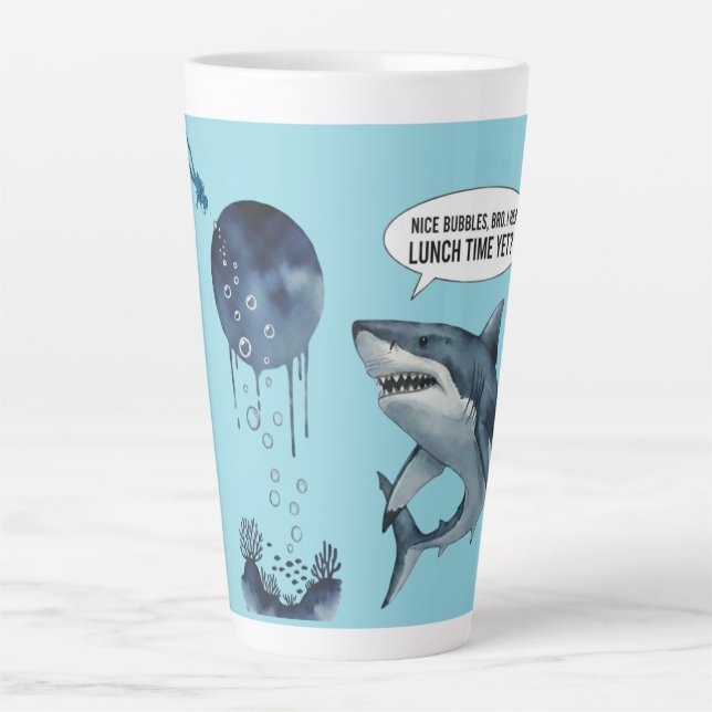 Tasse Latte Funny shark diver lunch time :nice bubbles bro (Devant)