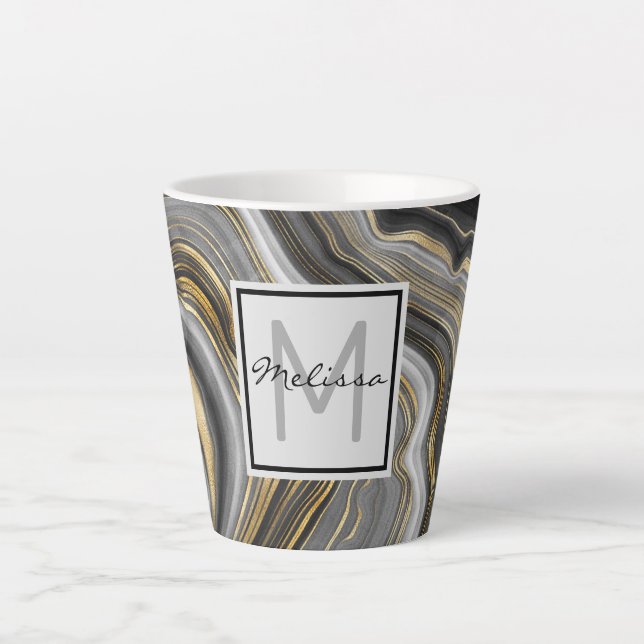 Tasse Latte Géode moderne Gold & Grey Agate Monogramme (Devant)