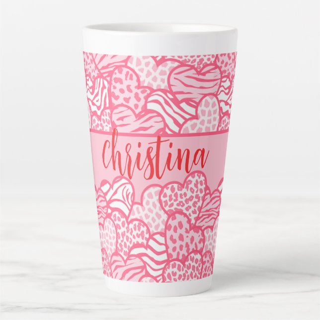 Tasse Latte Girly Blush Rose mignon Animal Imprimer Coeurs Nom (Devant)