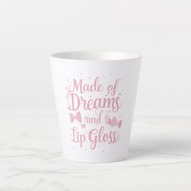 Tasse Latte Girly Pink Bow "Dreams and Lip Gloss" Quote (Devant)