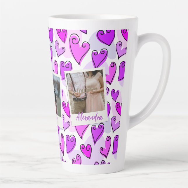 Tasse Latte Girly Purple Hearts mignon Romantique Valentine Ph (Droite)