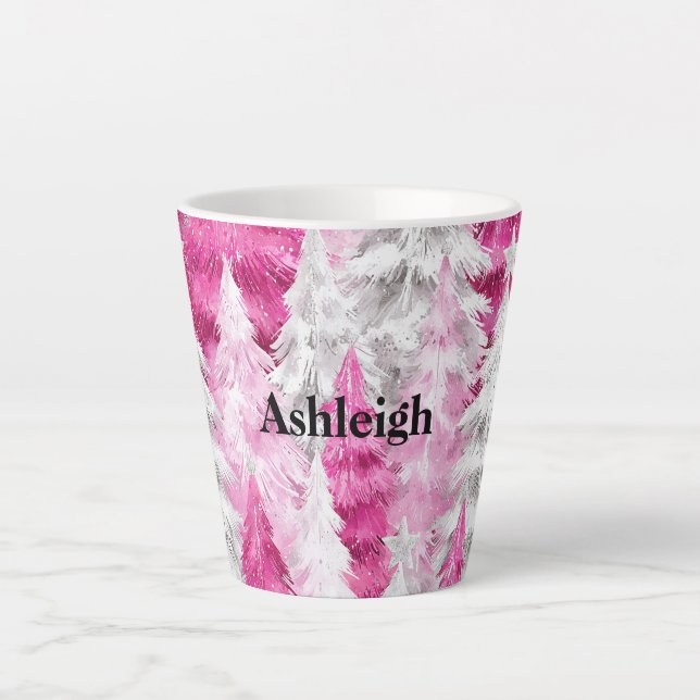 Tasse Latte Glam blanc rose arbres de Noël (Devant)