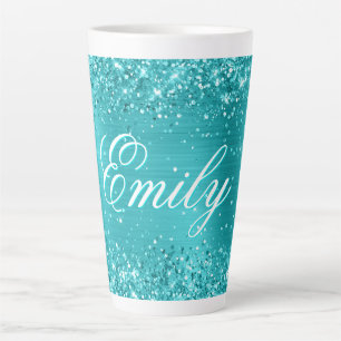 Tasse Latte Glitterie personnalisée Turquoise Blue Foil