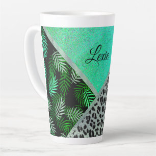 Tasse Latte Glittery Turquoise Tropical Empreinte de léopard p