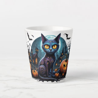 Tasse Latte halloween chat sur arrière - plan avec citrouilles