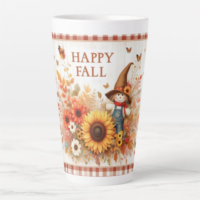 Tasse Latte Happy Fall mignonne Folk Art Scarecrow et automne (Devant)