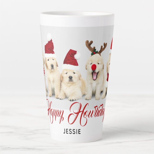 Tasse Latte Happy Howlidays Pet Dog Holiday Photo | Noël (Devant)