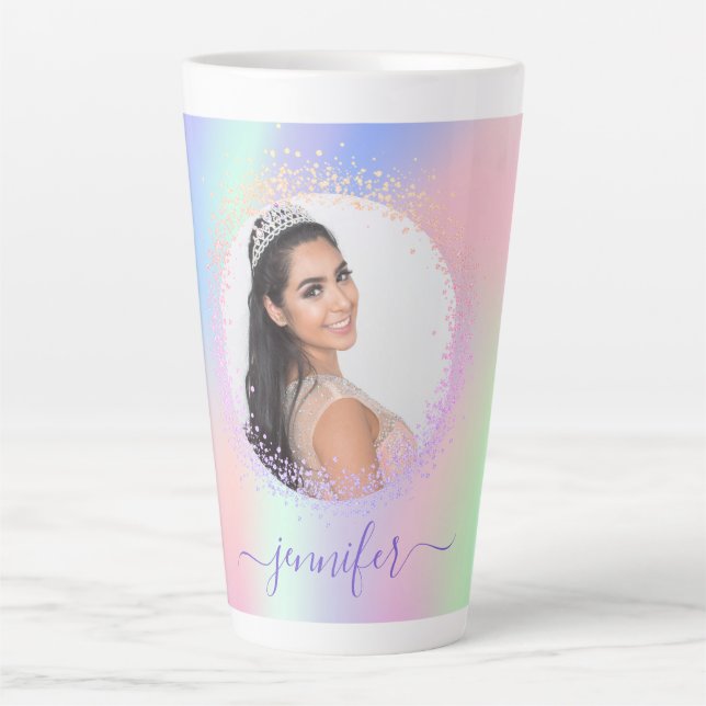 Tasse Latte Holographe photo rose violet nom script (Devant)