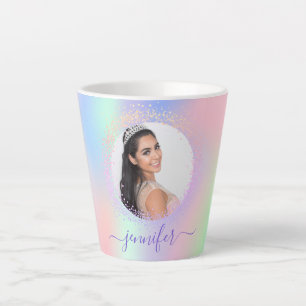 Tasse Latte Holographe photo rose violet nom script