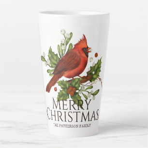 Tasse Latte Houx et Cardinal Rouge Noël Nom Personnalisé