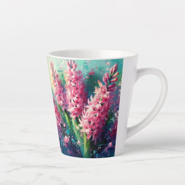 Tasse Latte Hyacinthes roses Floral Impressionniste Peinture (Droite)