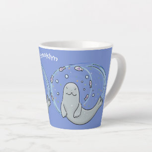 Tasse Latte Illustration de caricature de phoque et de poisson
