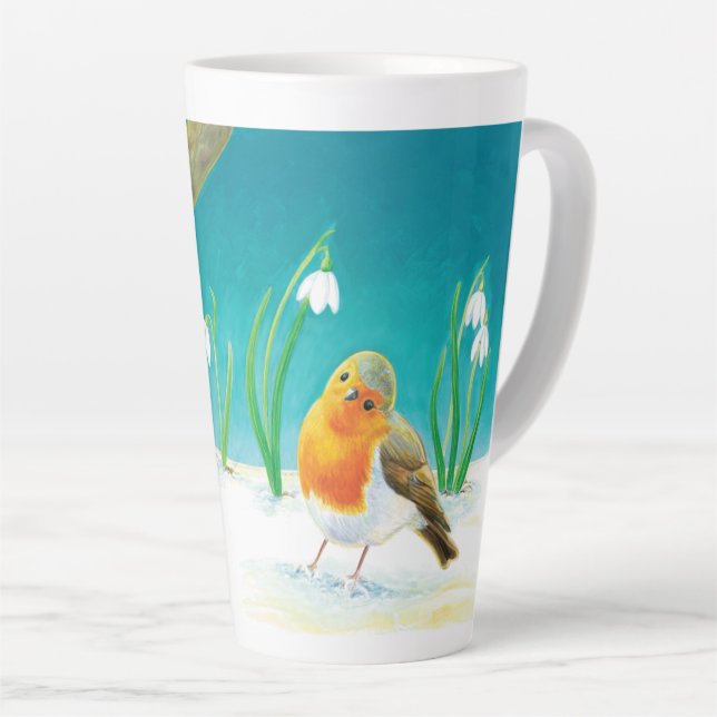 Tasse Latte Illustration Red Robin Bird & Spring Snowdrops (Angle droit)