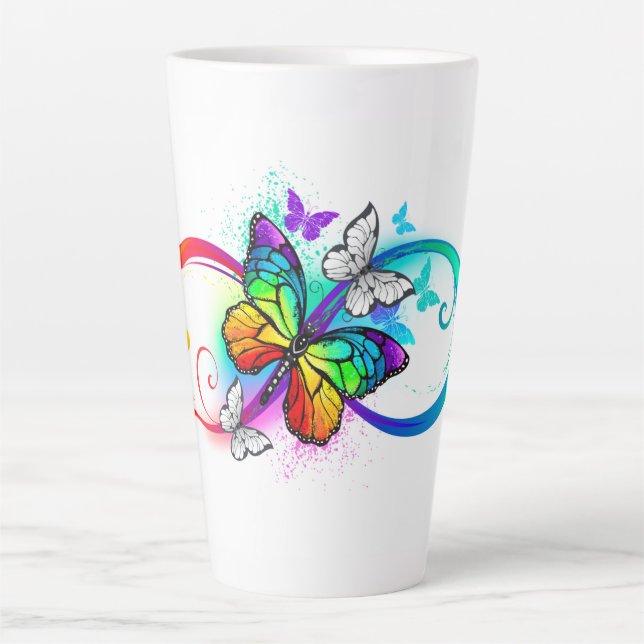 Tasse Latte Infini lumineux avec papillon arc-en-ciel (Devant)