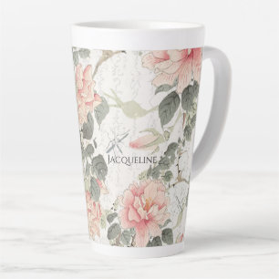 Tasse Latte Influence asiatique Fleurs de pivoines roses et bl