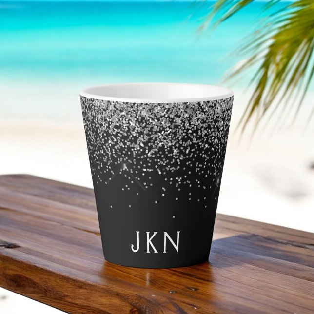 Tasse Latte Initiales de nom girly pailleté noir argenté (Créateur téléchargé)
