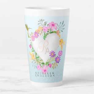 Tasse Latte Jardin floral Monogramme Bleu coeur