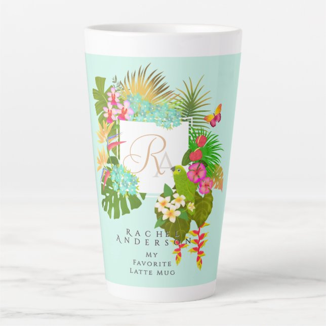 Tasse Latte Jardin tropical Monogramme vert (Devant)