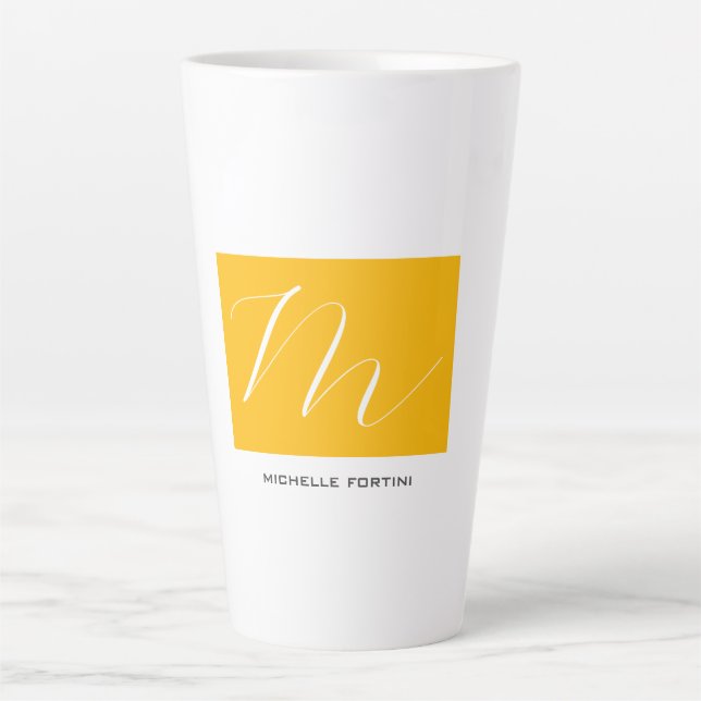 Tasse Latte Joli Monogramme Jaune Blanc Moderne Plaine (Devant)