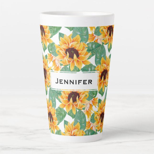 Tasse Latte Joli tournesol Jaune et Motif vert (Devant)