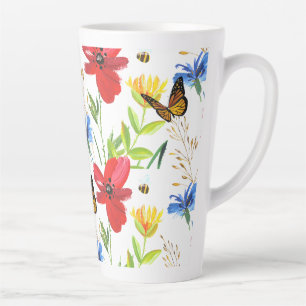 Tasse Latte Jolie aquarelle été Fleurs avec papillons