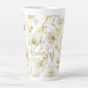 Tasse Latte Jolies Fleurs Blanches Dorées