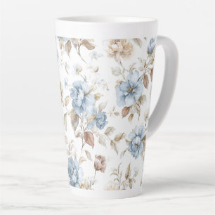 Tasse Latte Jolies Fleurs Bleues Crème Beige Marron