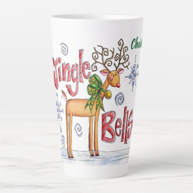 Tasse Latte Jolis rennes de Noël, flocons de neige de Jingle B (Devant)