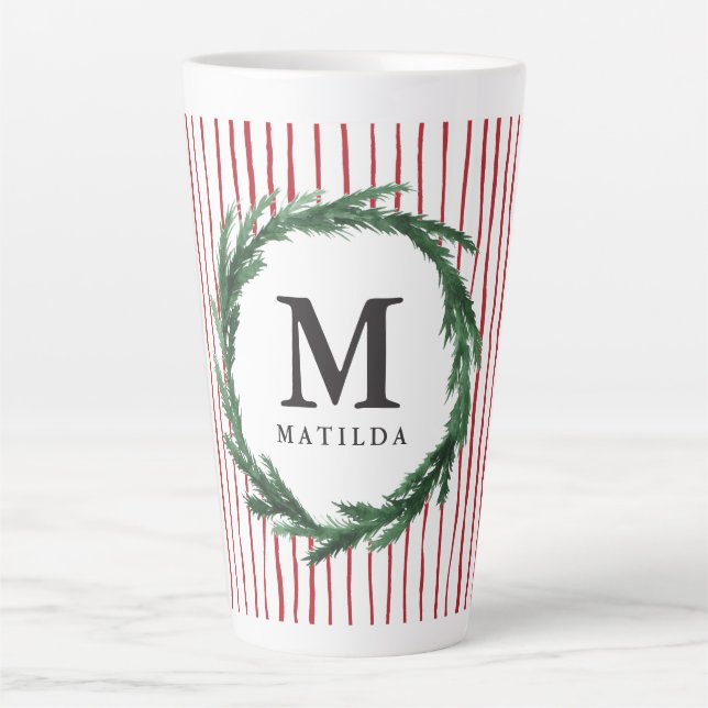 Tasse Latte Jour de Noël de la couronne initiale de stries et  (Devant)