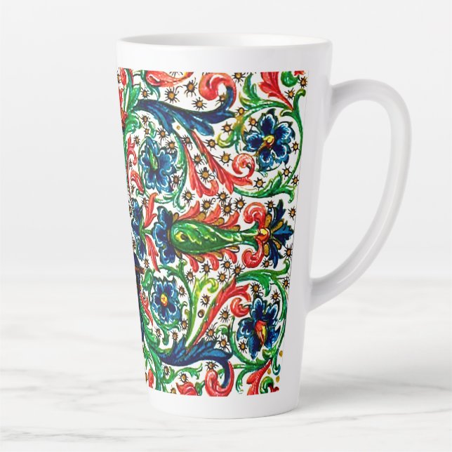 Tasse Latte Joyaux Tons Médiéval Fleurs Manuscrits Scrolls (Droite)