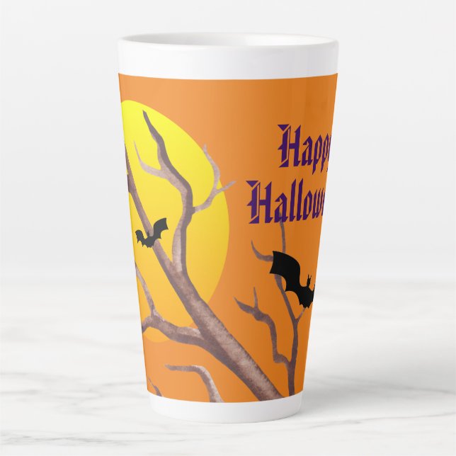 Tasse Latte Joyeuses chauves-souris d'Halloween et la lune (Devant)