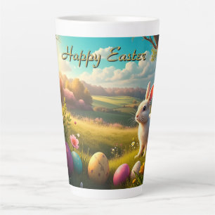 Tasse Latte Joyeuses Pâques dans un paysage printanier