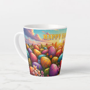 Tasse Latte Joyeuses Pâques Œufs Colorés dans une Prairie Prin