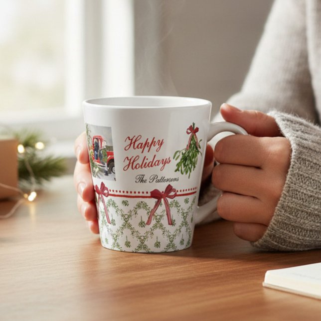Tasse Latte Joyeuses vacances Mistletoe Red Bow Family Photo (Créateur téléchargé)