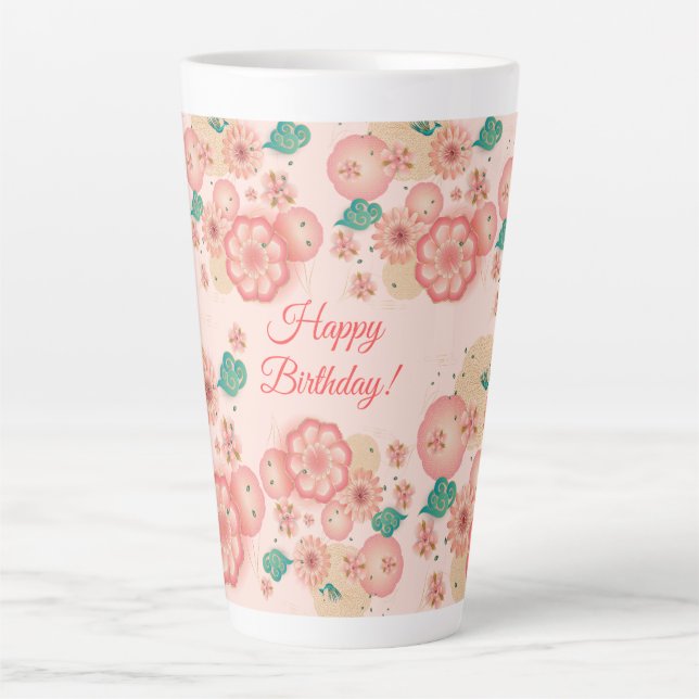 Tasse Latte Joyeux Anniversaire - Jardin des fleurs de pêche p (Devant)