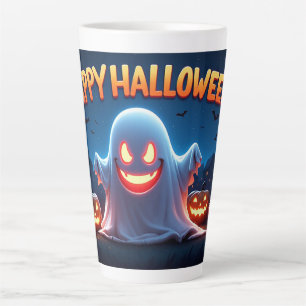 Tasse Latte Joyeux Halloween Fantôme Avec Citrouilles Lumineus