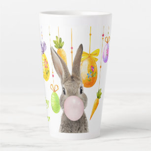Tasse Latte Joyeux lapin de Pâques soufflant rose bulle gomme