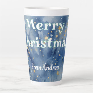 Tasse Latte joyeux noël bleu blanc étoiles aquarelle jaune