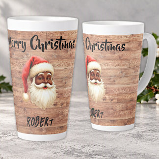 Tasse Latte Joyeux Noël Père Noël noir sur bois