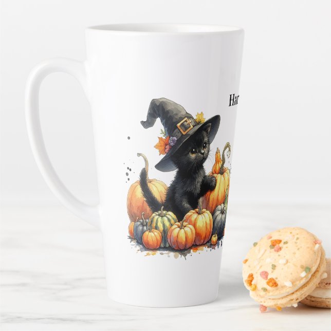 Tasse Latte Kitten d'Halloween noir avec Citrouilles et Casque (En situation)