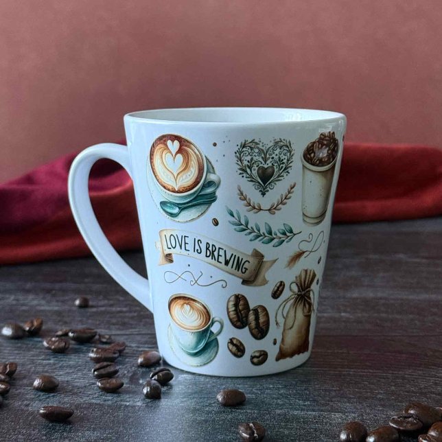 Tasse Latte L'amour brasse les cadeaux de Fête des mariées (love is brewing bridal shower illustrated coffee cup. )