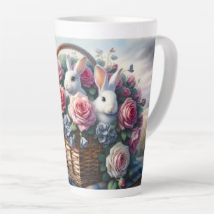 Tasse Latte Lapins nichés parmi les roses de cottage