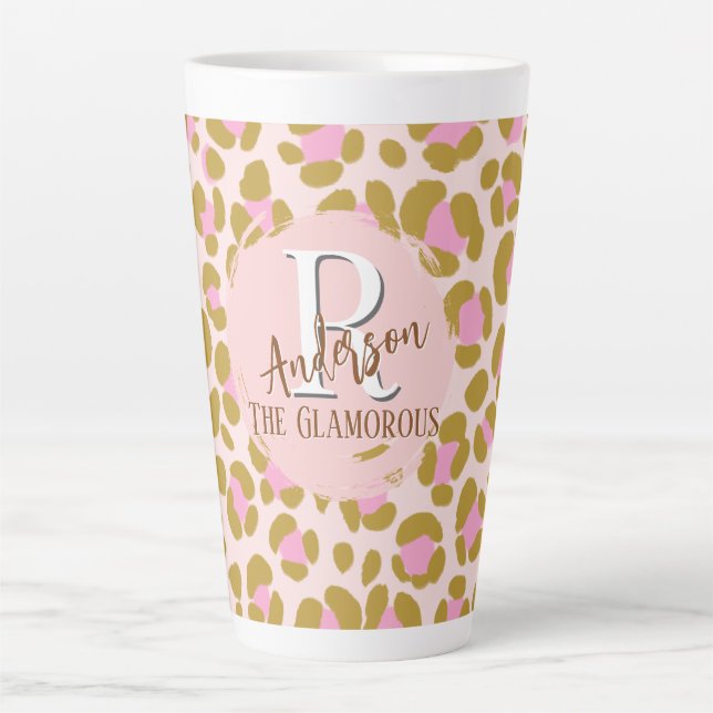 Tasse Latte Leopard Brown rose beige Personnalisé (Devant)