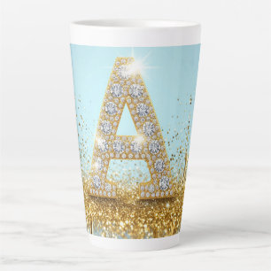 Tasse Latte Lettre A de luxe en diamant sur fond de paillettes