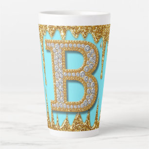 Tasse Latte Lettre B de luxe en diamant sur fond de paillettes