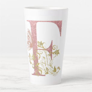 Tasse Latte Lettre F florale à paillettes roses 