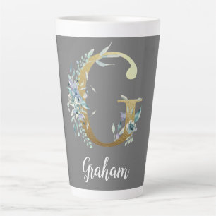 Tasse Latte Lettre or florale G sur gris