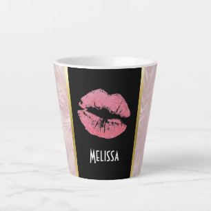 Tasse Latte Lèvres Pailletées Roses & Feuilles Tropicales Rose