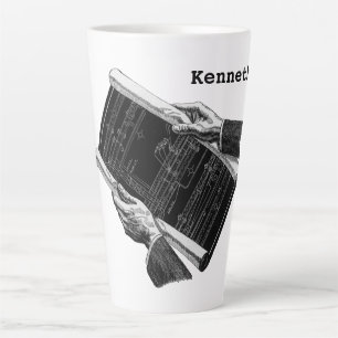 Tasse Latte Mains avec plans architecturaux bleus, entreprise